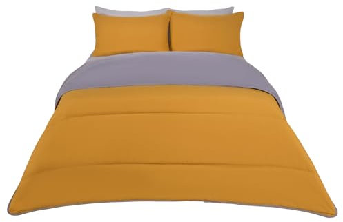 OHS 10.5 Coverless Double Duvet, Reversible Duvets Double Washable Coverless Duvet Double Summer Winter Travel Camping Bedding Soft Comfy Bed Set with Pillowcase, Grey/Ochre