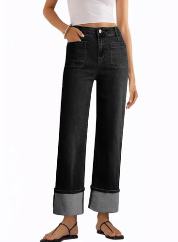 EVALESS Wide Leg Jeans Woman High Waisted Stretchy Cuffed Hem Loose Baggy Jean Denim Pants Black Size 4