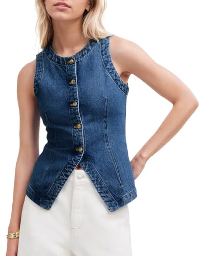 D-Sun Women Denim Vest Sleeveless Crewneck Button Down Jean Waistcoat Casual Front Slit Slim Denim Tank Top