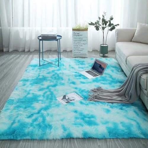 SBJKLYRN Carpeting Carpets Modern Tie-dye Carpet Light Luxury Minimalist Style Washable Long Plush Rugs Living Room Décor Extra Large Shaggy Rug For Home Decor(Tiedye Blue,50 * 80)