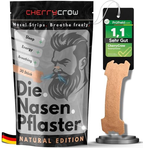CherryCrow - Die Nasenpflaster | (30 Stück) Premium Hautfarbene Nasal Strips für besseres Atmen 100% Natural Hautverträglich - Leistungsfähigkeit besserer Schlaf Sport Anti Schnarchen Streifen