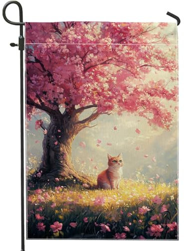 Bandera de jardín de flores de cerezo y gatos, decoración al aire libre, pancarta de arpillera de doble cara para decoración del hogar, patio, 12 x 18 pulgadas
