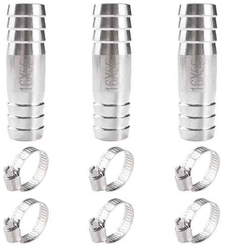 Lyeteung 3 Pièces 16mm Coupleur Droit Adaptateur, Raccords de Tuyau Cannelés en Acier Inoxydable, Connecteur de Tuyau de Carburant en 2 Voies, avec 6 Pièces Colliers de Serrage, pour Air, Gaz, Eau