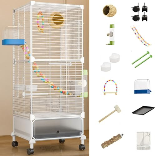 38 Inch Grande Gabbia Voliera Per Uccelli Pappagalli Con Ruote, Doppio Strato Canarini Voliera Per Uccelli Con Vassoio, Interieur Gabbia Uccelli Per Perroquets(White iron netting,13 piece set)