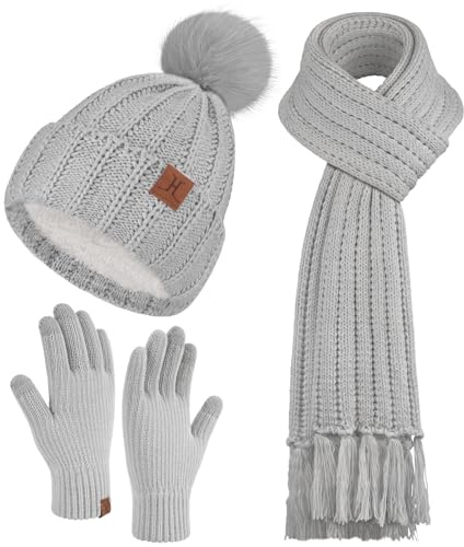 ZASFOU Femme Hiver Bonnet Chapeau Foulard Écran Tactile Gants Tricot Torsadé Ensemble Pompon Polaire Doublé Casquette Écharpe Gant Cadeaux Femmes