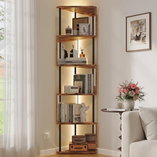 Vividwood Industrial Corner Shelf with LED Lights & Mirror-Effect Panels, 6-Tier Modern Corner Bookshelf with Remote Control Color-Changing Lights, Space-Saving Display Unit for Bedroom & Living Room