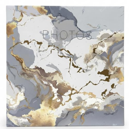 Photo Album 6 x 4 Photographs, Grey | Holds 200, Slip In Photos, Marble Design, Gold Foil