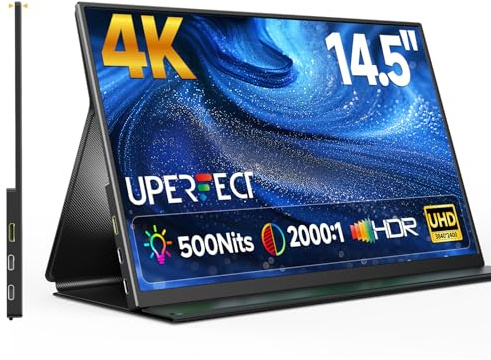 UPERFECT Monitor Portatile 4K 14,5 Pollici Monitoraggio dei Viaggi 145% sRGB 2000:1Contrasto 500Nits 16:10 Opaco, Schermo Secondario in Metallo Ultrasottile per Laptop/PC/Smartphone/Console di Gioco