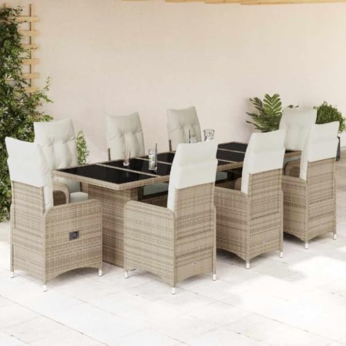 Ziaphsol Ensemble bistro de jardin de 9 pièces en polyrotin beige avec fauteuils de relaxation réglables, table en verre, résistant aux UV et aux intempéries, pour terrasse, balcon, jardin