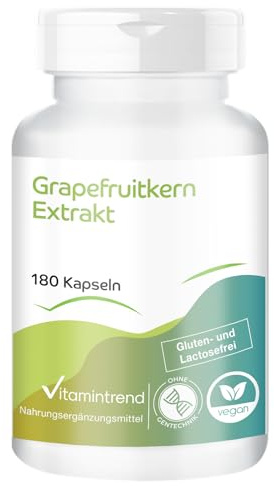 Vitamintrend Grapefruktkärnextrakt, 180 kapslar, med C-vitamin, acerola, Citrus aurantium, högdoserat, veganskt kosttillskott utan magnesiumstearat, tillverkat i Tyskland