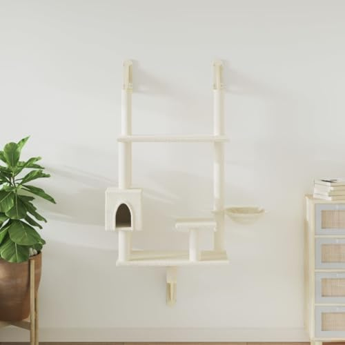 sephironlbb Arbre à chat - Montage mural - 153 cm - Crème - Avec colonne à gratter en sisal - Surfaces de couchage en peluche - Maison pour chat et possibilités d'escalade - Pour appartement, salon