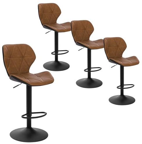 EUGAD 4X Barhocker Bistrohocker Designer Hocker Tresenhocker Retro höhenverstellbar und 360° drenbar mit Rückenlehne aus Kunstleder Metall Braun, 0662BY-4