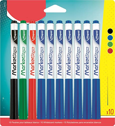 Maped - Låda med 10 Marker'Peps torra raderbara pennor - 1,5 mm medelstora spetspennor - färger: Blå x 7, svart x 1, röd x 1 och grön x 1
