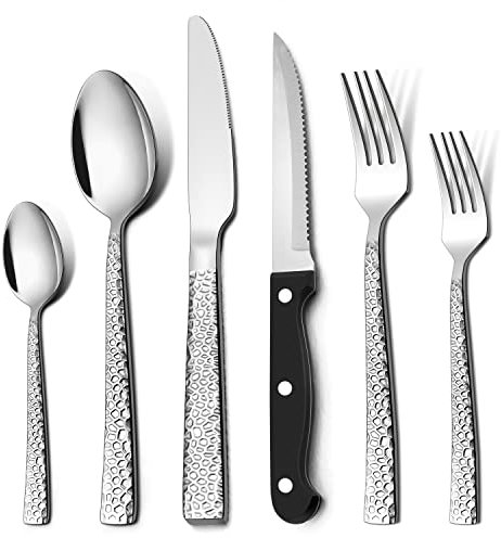Homikit Besteck Set, 36-teilig Besteckset mit Steakmesser, Edelstah Poliet Essbesteck für 6 Personen mit Löffel Messer Gabel, Gehämmertes Tafelbesteck, Rostfrei & Spülmaschinenfest