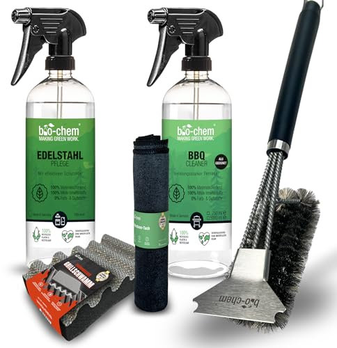 Bio-Chem - Set de 5 Produits de Nettoyage pour Barbecue - Produit nettoyant Barbecue 750mL, Produit d'entretien de l'acier Inoxydable 750mL, Chiffon en Microfibres, Brosse et Éponge à Barbecue