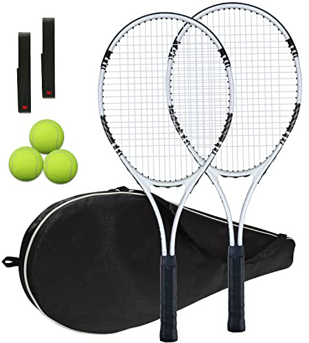 Tennis Rackets 2 Players Recreational for Adult,Lightweight Tennis Racquets for Beginner Student Training,Tennis Racket Set with Carrying Cover Bag,Grip Tapes,Tennis Balls (White/Black -2 Rackets Set)