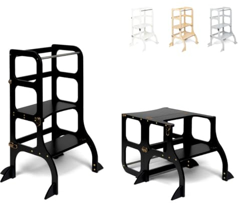 Ette Tete STEP'n'SIT® • Montessori Helper Tower - Bord • Konvertibel stegpall 2-i-1 med stödben (med mässingslås, svart färg)