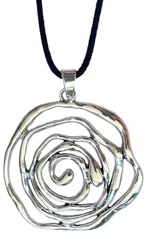 ASTER ALHELÍ -Große Damen Halskette mit Silberner Spirale - Blumen Kette mit Schwarzem Wildlederband - Lange Kette Damen Verstellbare Höhe - Ideal als Geschenk - Silberne Spirale (Silber)