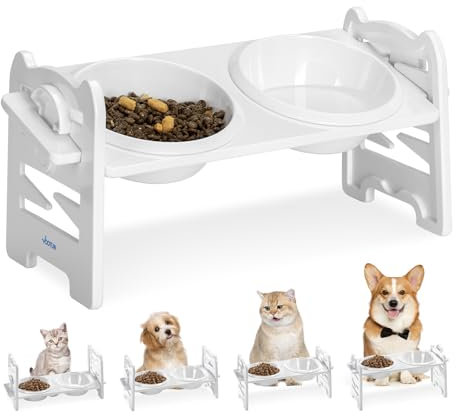 Futternapf Katze Futterstation Katzennapf Erhöht mit 15° geneigt,Doppel Katzenfutternapf,6 in 1 höhenverstellbare Katzennäpfe Hundenapf,Fressnapf und Wassernapf für Katzen und kleine Hunde,2er Set