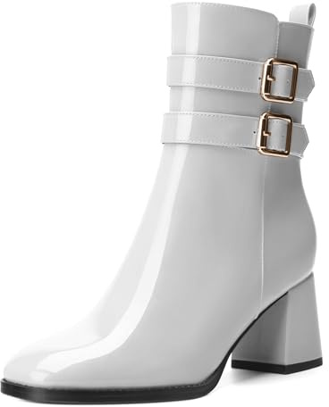 CDXJHYMY Womens Chunky High Heel Boots - Zip Up, Square Toe, Ankle Booties,Simple Classic Mid Heel Shoes for Women2.5in White Patent Size 9