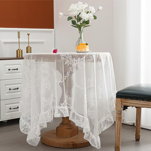 Weiß Spitze Rechteckige Tischdecke mit floralem Muster, Vintage Overlay Rüschen Tischtuch, französische rustikale bestickte Tischdecke für Hochzeit Party Bankett Empfang, 140x300cm