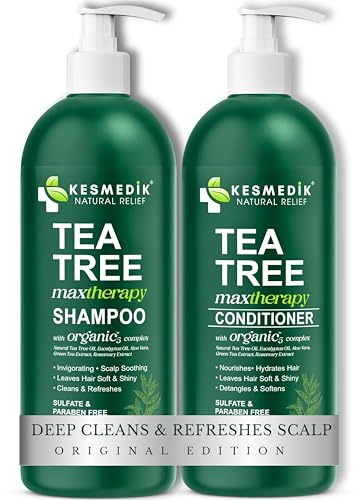 KESMEDIK Tea Tree Oil Shampoo and Conditioner MaxTherapy Set, Itchy Scalp Relief, Refreshes & Cleanses Dandruff & Buildup, Clarifying for Oily Hair, Women & Men, 16 fl oz Each