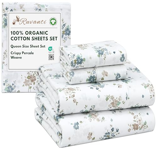 RUVANTI 100% Organic Cotton Sheets Queen Size, Percale Weave, GOTS Certified, 4-Piece Set, Deep Pocket 15, Crisp & Breathable, Soft Durable Bedding, Sábanas Algodón Orgánico – Halcyon