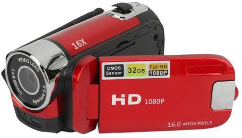 Videokamera-Camcorder, 1080P 16 MP Digitalkamera-Recorder, 2,4 Zoll Drehbarer Bildschirm, 16-facher Digitalzoom-Camcorder-Kamera mit Fülllicht (Rot)