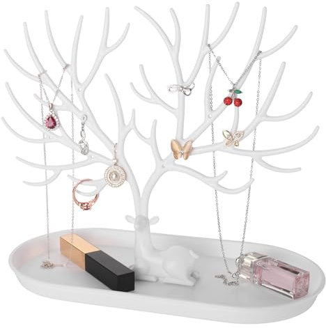 Bakiauli Antlers Jewellery Stand, Necklace Display Stand with Tray, Hanging Earring Ring Holder, Reindeer Jewelry Tree Cute Room Decor, for Earrings Necklaces Bracelets and Ring