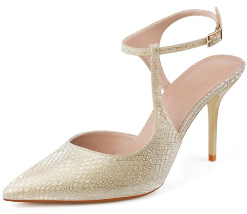 DANAZANA Women's Pointed Toe High Stiletto Heels Slingback Ankle Strap Pumps Sandals for Wedding Bride Dress Shoes, Gold Sparkly, 5 UK