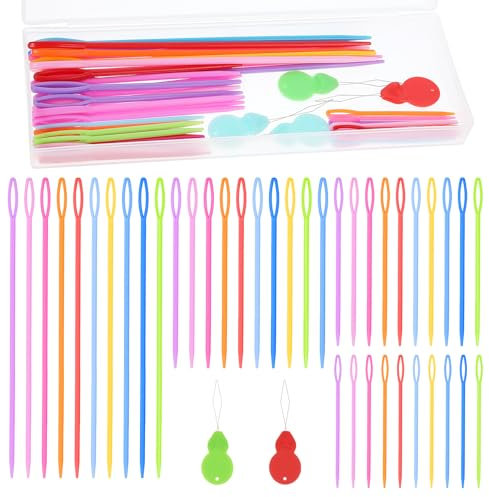 40 Stück Kunststoff Garnnadel Nähnadeln Set, mit 2 Nadeleinfädlern und Box, 4 Größen großem Öhr, Garnnadeln aus Kunststoff Stopfnadeln für Garn Häkelnadeln Nähnadel Webnadeln für Heimwerkerarbeiten