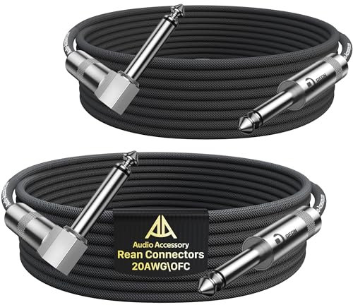 AA AUDIO ACCESSORY Right Angle Guitar Cable 3m 2 Pack, Nylon Braided Anti-Kinking Kevlar-Reinforced, 20 AWG 99.99% OFC 1/4 Instrument Cable, AL & OFC Shielded Guitar Lead for Fender Electric Guitar