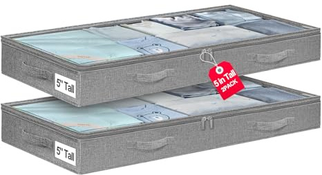punemi 5 inch High Soft Fabric Low Profile Under Bed Storage, 2 Pack, Grey