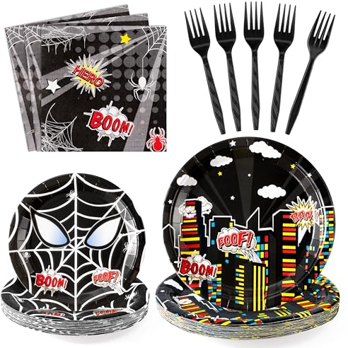 Andi Cppss Black Spider Birthday Party Supplies - 96PCS Black Spider Birthday Party Plates and Napkins Forks Disposable Tableware Birthday Parties Table Dinnerware Baby Shower Plates Serve 24 Guests