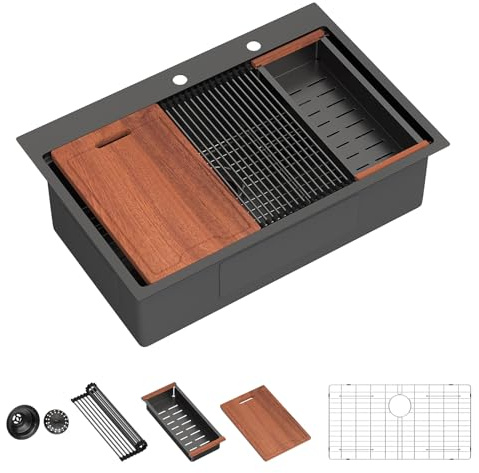 Lordear 33x22 Inch Drop In Black Kitchen Sink Workstation