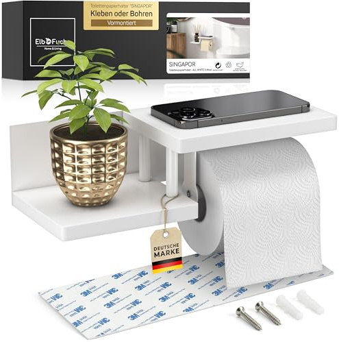 ElbFuchs® Porte Papier Toilette Mural en Bois de Bambou [sans PERCAGE ou avec VIS] | Derouleur Papier Toilette de Haute qualité avec étagère | Blanc | Porte Rouleaux de Papier Toilette