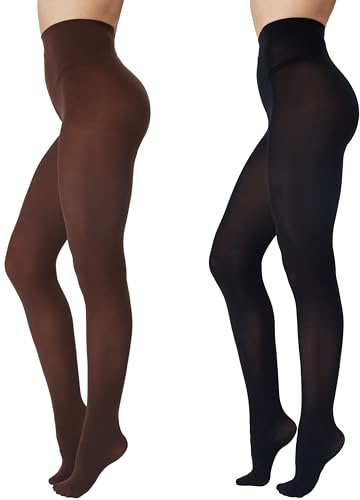 Viozocy 2 Pairs Women's 80D Opaque Tights, Soft Run-Resistant High Waisted Pantyhose, Solid Color Tights With 28 Colors (Black + Brown, Large-X-Large)