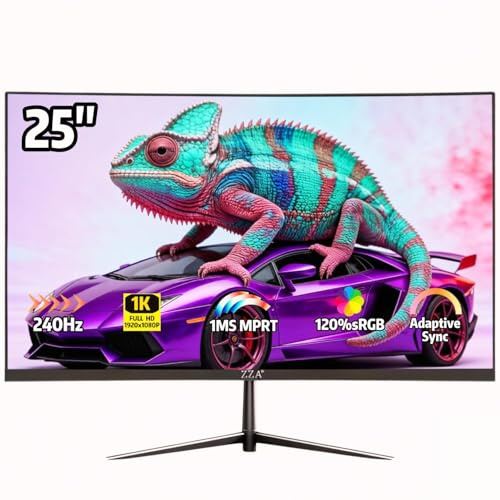 ZZA 24,5 tums böjd skärm, FHD 1920 × 1080 P 240 Hz, 120 % sRGB, ultratunn infattningsdesign, lågt blått ljus och flimmerfri, datorskärm för hemmakontorsspel (HDMI, VGA