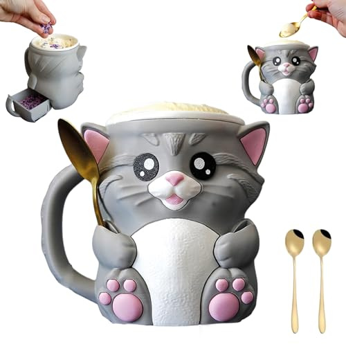 Cat Ice Cream Pint Holder – Cute Insulated 16oz Ice Cream Cup Sleeve with Hidden Snack Drawer & Spoon Rest, Fun Dessert Accessory & Gift for Cat Lovers(Grey)