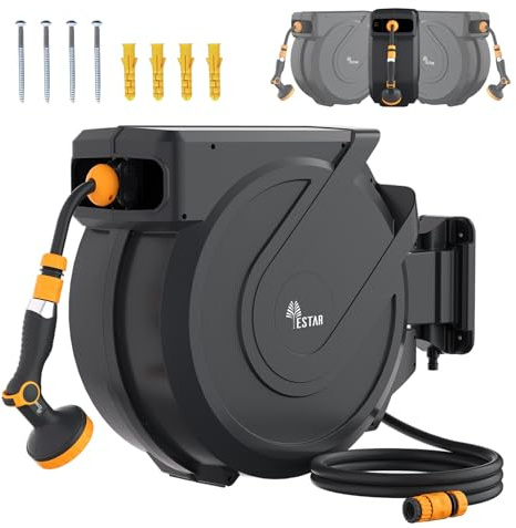 YESTAR Wandmontierte Schlauchtrommel 30m+2m, Schlauchaufroller mit Aufroll-Automatik & 180° Schwenkbar, Wand-Schlauchbox mit Arretierstop & 10 Muster Sprühdüse, für Gartenbewässerung & Autowäsche