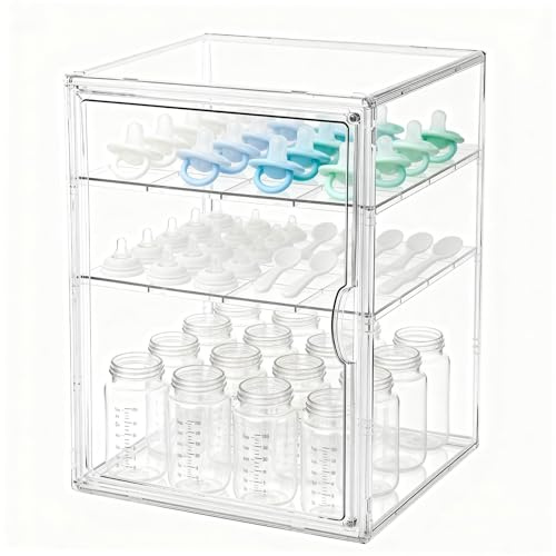Baby Bottle Organizer, 3 Tiers Acrylic Bottle Storage Organizer Container, Clear Plastic Bottle Station Organizer with 2 Adjustable Dividers for Kitchen Countertop, Bathroom, Cabinet, Vanity