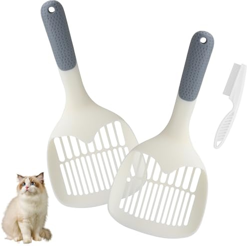 XRVRILE Paletta Lettiera Gatto 2 Pezzi con Pettine Antipulci, Paletta Lettiera Gatto Ergonomica 29 cm, Paletta Lettiera Gatto con Sistema di Setacciatura, per Lgiene della Lettiera per Gatti