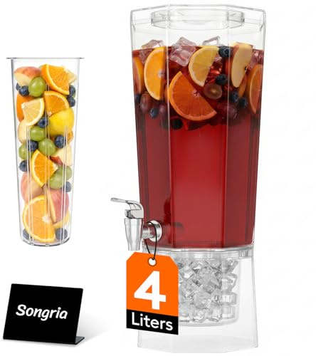 Lifewit 4L Distributeur de Boisson avec Robinet, Jarre Cocktail Avec Filtre en Plastique, Lot de 1 Fontaine Cocktail Glacées pour Jus, Limonade, Soda et Thé