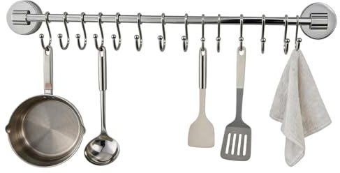 LMUTUSS Barra de Gancho para Cocina con 12 Ganchos S, Montaje en Ventosa, Organizador de Pared sin Perforar, Capacidad de Carga de 10 kg, para Ollas y Accesorios, Acero Inoxidable Plateado