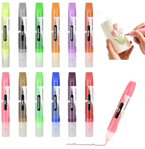 Alaoo 12 Pezzi Penne per Candele, 10ML Penne per Candele Colorate, Set di Penne Candela, Sicuro e Non tossico, Adatto per Dipingere e Decorare Ceramica, Cartone, Tessuto e Vetro