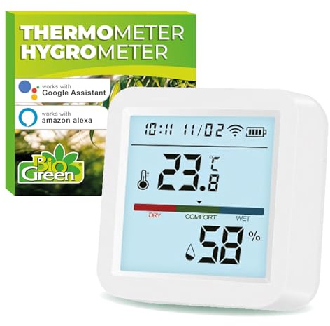 BioGreen Digital termometer och hygrometer CLIMABUDDY, WiFi, kompatibel med Alexa, larm vid gränsöverskridning, smart rumstermometer, fuktmätare, rumsklimatsensor