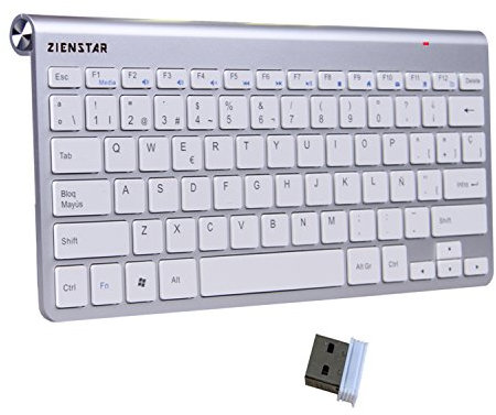 Zienstar-Mini Teclado Inalámbrico 2.4Ghz con Receptor USB (Español Carta)- Blanco Plateado