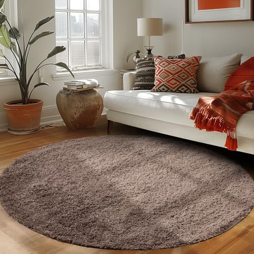 Runder Teppich Wohnzimmer Hochflor Einfarbiges Design Langflor Shaggy Modern Flauschig, Farbe: Taupe, Größe: 80 cm Rund