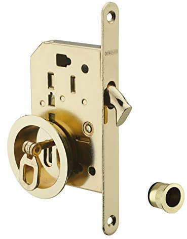 THIRARD - Serratura Infilare a Gancio con Chiave per Porta Scorrevole Camera - Asse 50 mm - Estremità Arrotondate - Ottone - Piastra in Acciaio - Facile Installazione - Giallo/Dorato