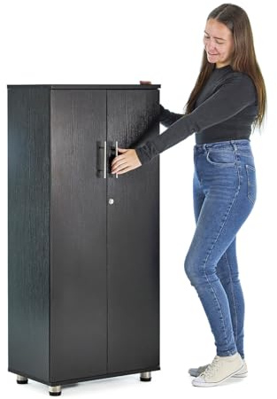 MMT - Armario de Almacenamiento Negro con Cerradura de 2 Puertas, Armario de Almacenamiento Alto de Madera para el hogar, Documentos de Oficina, Archivos, Cocina, despensa y Garaje, Unidad de 2